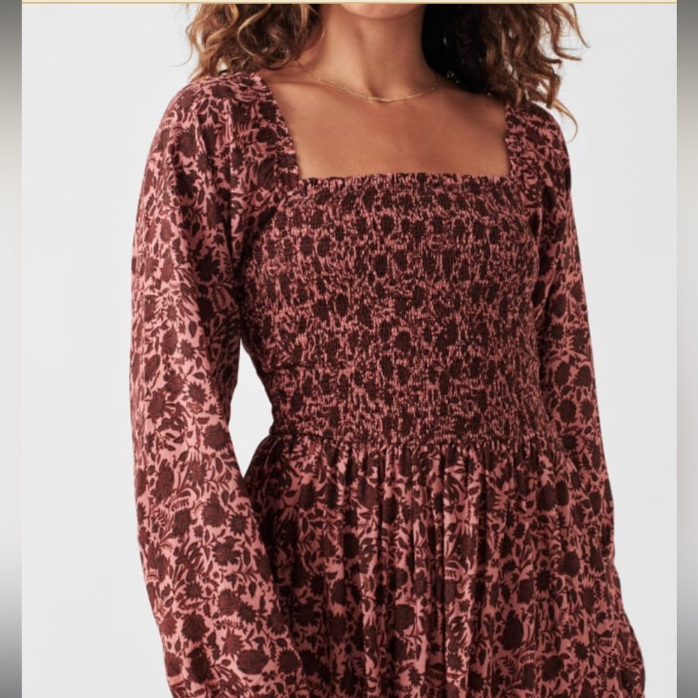 Faherty Susanna smocked dress. Long Sleeve Floral Dress - dark rose floral